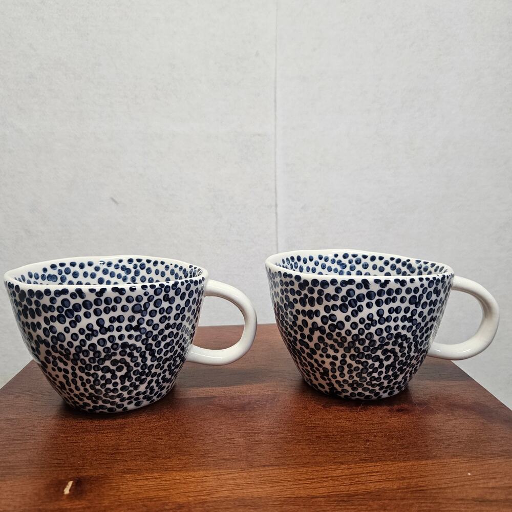 Old Pottery Company Coffee Mug White Blue Polka Dots Speckled Ceramic Cups set 2